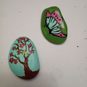 Hand-Painted Spring Time Stones With Blooming Tree And Butterfly